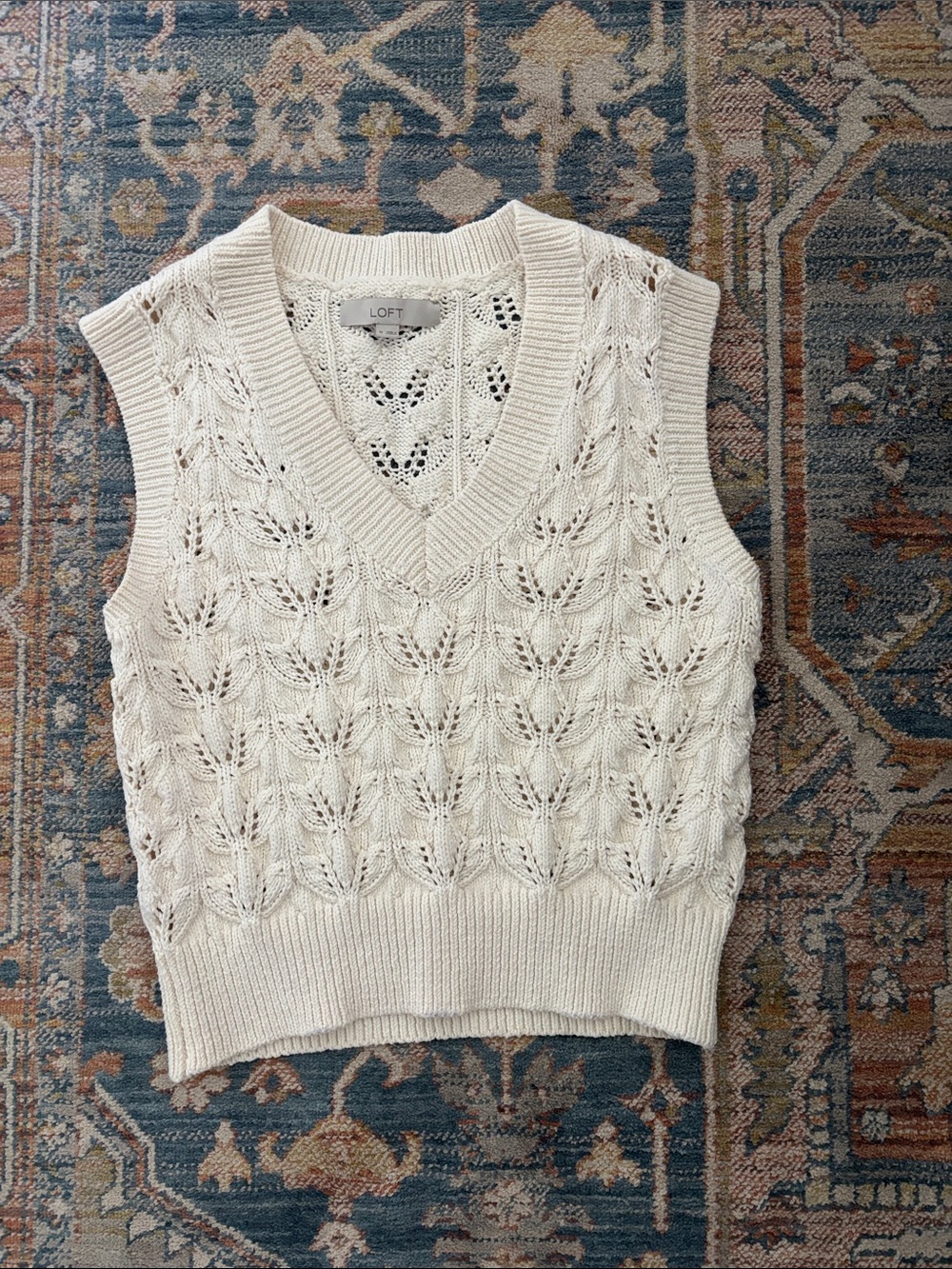 LOFT Cream Openwork Knit V-Neck Sweater Vest